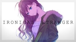 Rule 34 | 1girl, :3, ahoge, blue eyes, border, brown hair, coat, collarbone, earrings, english text, french text, green coat, grey border, head tilt, hood, hood down, hooded coat, ichinose shiki, idolmaster, idolmaster cinderella girls, jewelry, long hair, looking at viewer, open clothes, open coat, ribbed sweater, shiyu (hagiwara shiyu), sparkle, sweater, upper body, very long hair, white background, white sweater