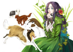 Rule 34 | 1girl, 29tarou, black hair, blue eyes, dog, dress, flower, howl&#039;s moving castle (novel), leaf, lettie hatter, long hair, plant, vines