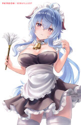Rule 34 | 1girl, ahoge, alternate costume, apron, black dress, blue hair, breasts, cleavage, commentary request, cowboy shot, dress, duster, enmaided, feather duster, frilled apron, frills, ganyu (genshin impact), genshin impact, hair between eyes, highres, holding, horns, large breasts, long hair, looking at viewer, maid, maid headdress, parted lips, partial commentary, petticoat, purple eyes, sebu illust, short dress, solo, standing, thighhighs, thighs, very long hair, waist apron, white apron, white thighhighs