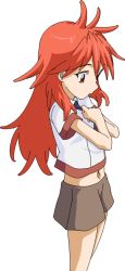 Rule 34 | 10s, 1girl, aged down, amou kanade, eyebrows, long hair, looking down, midriff, mototenn, navel, own hands clasped, own hands together, parted lips, red eyes, red hair, senki zesshou symphogear, shirt, short sleeves, shorts, solo, wavy hair, white background