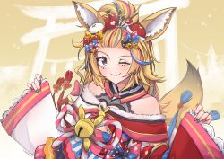 Rule 34 | 1girl, absurdres, animal ear fluff, animal ears, bangs pinned back, black bow, blonde hair, blue bow, blue hair, blue nails, blush, bow, crover, fox ears, fox girl, fox tail, hair bow, hair ornament, hairclip, highres, hololive, huge filesize, japanese clothes, kimono, multicolored hair, nail polish, off shoulder, omaru polka, omaru polka (new year), one eye closed, pink bow, pink hair, pink nails, purple eyes, red bow, red hair, smile, solo, sticker, streaked hair, tail, torii, virtual youtuber, wide sleeves, yellow bow