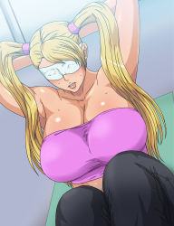 Rule 34 | 1990s (style), bare shoulders, blindfold, blonde hair, blue eyes, blush, breasts, capcom, cleavage, greco roman (spiral brain), highres, rainbow mika, street fighter, street fighter zero (series), twintails