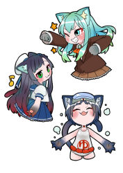Rule 34 | 3girls, :3, animal ears, aqua hair, black hair, blue skirt, blush, brown jacket, cat ears, cat girl, cat tail, cropped legs, diving mask, diving mask on head, fangs, goggles, goggles on head, gradient hair, green eyes, grin, hat, hime kake, jacket, kantai collection, long hair, maru-yu (kancolle), matsuwa (kancolle), multicolored hair, multiple girls, one-piece swimsuit, one eye closed, pleated skirt, red hair, short hair, simple background, skirt, smile, suzuya (kancolle), swimsuit, tail, white background, white headwear, white one-piece swimsuit