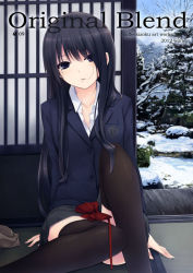 Rule 34 | 1girl, black eyes, black hair, black thighhighs, blazer, bow, coffee-kizoku, dress shirt, hair in own mouth, jacket, looking at viewer, mouth hold, original, partially undressed, school uniform, shiramine rika, shirt, sitting, skirt, solo, thighhighs, unbuttoned