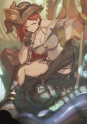 Rule 34 | 1girl, absurdres, black gloves, black shorts, breasts, cleavage, clenched hand, couch, cropped shirt, dragon girl, gloves, grey shirt, hat, highres, huge filesize, jin rou, juingong-i villain, large breasts, leaning forward, long hair, off shoulder shirt, official art, pirate hat, pointy ears, red hair, scar, scar across eye, scar on face, shirt, short shorts, shorts, sitting, solo, yellow eyes