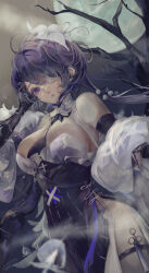 Rule 34 | 1girl, absurdres, arknights, arm up, bare shoulders, bare tree, black dress, black gloves, breasts, cleavage, cowboy shot, dress, eyepatch, flower, full moon, gloves, hand in own hair, highres, large breasts, lily of the valley, long hair, medical eyepatch, moon, night, official alternate costume, outdoors, parted lips, pelvic curtain, photoshop (medium), pointy ears, purple hair, solo, syringe, thigh strap, tree, two-tone dress, vea (v ea ), whisperain (arknights), whisperain (tremble cold) (arknights), white dress