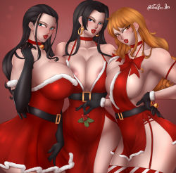 Rule 34 | 3girls, absurdres, alternate breast size, boa hancock, breasts, christmas, christmas dress, cleavage, highres, huge breasts, large breasts, multiple girls, nami (one piece), nico robin, one piece