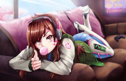 Rule 34 | 1girl, absurdres, acronym, animal print, blue sky, bodysuit, boots, brown eyes, brown hair, blowing bubbles, cherry blossoms, chewing gum, contrail, controller, couch, d.va (overwatch), day, eyelashes, facepaint, facial mark, finger gun, fingernails, flat screen tv, game controller, gamepad, green jacket, headphones, heart, heart-shaped pupils, highres, huksly, jacket, lcd tv, long fingernails, long hair, looking at viewer, lying, md5 mismatch, nail polish, on stomach, overwatch, overwatch 1, pillow, pink nails, pointing, pointing at viewer, rabbit print, resized, resolution mismatch, sky, solo, source smaller, star-shaped pupils, star (symbol), symbol-shaped pupils, television, thigh boots, thighhighs, upscaled, whisker markings, white footwear, white thighhighs, window