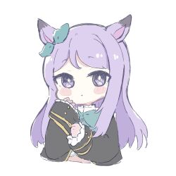 Rule 34 | :o, animal ears, black jacket, blue bow, blue ribbon, blush stickers, bow, commentary, cropped torso, ear ribbon, highres, horse ears, jacket, long hair, long sleeves, looking at viewer, mejiro mcqueen (umamusume), nozo (hitomiz), parted bangs, parted lips, purple eyes, purple hair, ribbon, simple background, sleeves past wrists, symbol-only commentary, umamusume, upper body, very long hair, white background