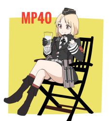 Rule 34 | 1girl, armband, black footwear, black gloves, black necktie, blonde hair, boots, brown eyes, buttons, chair, cross, eyebrows, folding chair, garrison cap, girls&#039; frontline, glass, gloves, half gloves, hand on own chin, hat, highres, holding, iron cross, knee boots, korean commentary, military, military hat, military uniform, mp40 (girls&#039; frontline), necktie, nose, pouch, sheath, short hair, simple background, sitting, smile, solo, thigh strap, uniform, wani (perfect han)