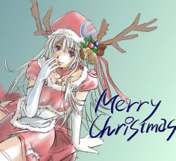 Rule 34 | 1girl, antlers, bell, blue eyes, breasts, christmas, earrings, elbow gloves, english text, female focus, gloves, gradient background, grey hair, hat, holly, horns, jewelry, long hair, looking at viewer, merry christmas, necklace, opera-tan, os-tan, pinecone, santa costume, simple background, sitting, smile, solo, star (symbol), temp h, text focus, thighhighs, white thighhighs