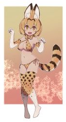 Rule 34 | 1girl, :d, adapted costume, animal ear fluff, animal ears, bare shoulders, bikini, border, bow, bowtie, criss-cross halter, elbow gloves, gloves, hair between eyes, halterneck, highres, kemono friends, lamb-oic029, looking at viewer, navel, open mouth, orange bikini, orange bow, orange bowtie, orange thighhighs, paw pose, print bikini, print bow, print bowtie, serval (kemono friends), serval print, side-tie bikini bottom, sling bikini top, smile, solo, swimsuit, tail, thighhighs, traditional bowtie, white border