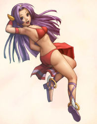 Rule 34 | 1girl, asamiya athena, ass, athena (series), bikini, breasts, legs, long hair, looking back, open mouth, princess athena, purple eyes, purple hair, shoes, sideboob, smile, snk, solo, swimsuit, the king of fighters, winged footwear, wings