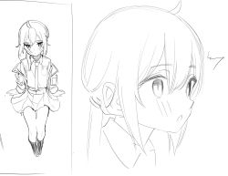 Rule 34 | 1girl, ^^^, ahoge, arknights, blush, character request, closed mouth, collared shirt, greyscale, hair between eyes, hair over shoulder, jacket, kneehighs, long hair, long sleeves, looking away, low ponytail, monochrome, multiple views, necktie, no shoes, off shoulder, open clothes, open jacket, parted lips, pleated skirt, ponytail, puffy long sleeves, puffy sleeves, shirt, sitting, skirt, sleeves past wrists, socks, tetuw, white background