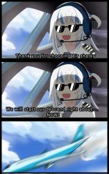 Rule 34 | 1girl, 3koma, aircraft, airplane, airplane interior, alternate costume, blue hair, blunt bangs, blurry, blurry foreground, bread forbidden, comic, commentary, english commentary, english text, gawr gura, grey hair, hair ornament, headset, highres, hololive, hololive english, long hair, medium hair, multicolored hair, open mouth, shark hair ornament, sharp teeth, sidelocks, streaked hair, sunglasses, teeth, two side up, upper body, upper teeth only, virtual youtuber
