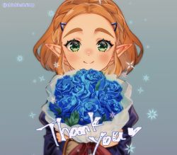 Rule 34 | 1girl, blonde hair, blue flower, bouquet, closed mouth, commentary request, english text, flower, green eyes, hair ornament, hair pulled back, hairclip, holding, holding bouquet, looking at viewer, nintendo, pointy ears, princess zelda, short hair, shuri (84k), smile, solo, thank you, the legend of zelda, the legend of zelda: breath of the wild, the legend of zelda: tears of the kingdom, twitter username, upper body