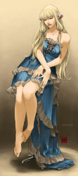 Rule 34 | 00s, 1girl, 2008, android, bare legs, bare shoulders, barefoot, blonde hair, blue dress, blunt bangs, brown background, chii, chobits, closed eyes, collarbone, dress, feet, frilled dress, frills, full body, hair tubes, highres, ladyfish, lips, long hair, md5 mismatch, realistic, resized, robot ears, sitting, solo, strapless, strapless dress, upscaled, very long hair