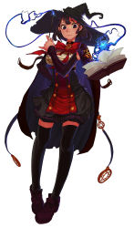 Rule 34 | 1girl, absurdres, black cape, black eyes, black hair, black ribbon, black thighhighs, book, bow, bowtie, cape, casting spell, choker, closed mouth, commentary, fantasy, floating, floating book, floating object, full body, hand on own hip, hand up, hat, hexagram, highres, holding, holding wand, hong da, long sleeves, looking at viewer, magic, magical girl, open book, original, pigeon-toed, puffy shorts, purple shorts, red bow, ribbon, short hair, shorts, sidelocks, simple background, sleeves past wrists, solo, standing, striped clothes, striped shorts, thighhighs, wand, white background, witch hat, zettai ryouiki