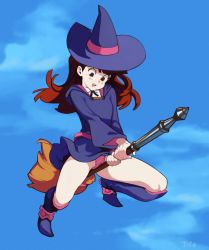 Rule 34 | 1girl, blue sky, blush stickers, boots, broom, broom riding, brown eyes, brown hair, cloud, day, flying, hat, hood, hood down, kagari atsuko, knee boots, little witch academia, long hair, long sleeves, looking down, luna nova school uniform, open mouth, optionaltypo, outdoors, panties, pink panties, purple footwear, purple hat, pussy juice, school uniform, sky, solo, tareme, underwear, wet, wet clothes, wet panties, wind, witch, witch hat