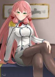 Rule 34 | 1girl, absurdres, akashi (kancolle), arm support, black pantyhose, black skirt, blunt tresses, blush, breasts, buttons, closed mouth, collared shirt, cosplay, crossed legs, desk, double-breasted, epaulettes, green eyes, hair ribbon, hamukiyo, highres, kantai collection, katori (kancolle), katori (kancolle) (cosplay), large breasts, long hair, long sleeves, looking at viewer, military, military uniform, miniskirt, on desk, pantyhose, pencil skirt, pink hair, ribbon, shirt, sitting, on desk, skirt, smile, solo, tress ribbon, uniform, very long hair