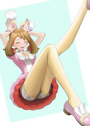 Rule 34 | 1girl, absurdres, animal ears, bare legs, breasts, brown hair, closed eyes, commentary request, creatures (company), dress, fake animal ears, foot out of frame, game freak, highres, knees together feet apart, legs, light blush, long legs, may (pokemon), may (spring 2021) (pokemon), nintendo, official alternate costume, pantyhose, partial commentary, pink dress, pink footwear, pokemon, pokemon masters ex, rabbit ears, rabbit pose, shorts under dress, soratobukaeru00, wrist cuffs