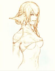 Rule 34 | 1girl, absurdres, asymmetrical hair, au ra, bottomless, braid, breasts, closed mouth, clothing cutout, commission, crop top, final fantasy, final fantasy xiv, highres, horns, looking at viewer, medium breasts, monochrome, monster girl, navel, revealing clothes, shoulder cutout, simple background, smile, solo, underboob, warrior of light (ff14), white background, yellow theme, yuzero