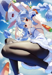 Rule 34 | 1girl, :o, absurdres, animal ear fluff, animal ears, armpits, arms up, ass, bare shoulders, black gloves, black pantyhose, blue hair, blue sky, bow, braid, breasts, carrot hair ornament, cloud, cloudy sky, commentary, day, detached sleeves, don-chan (usada pekora), dress, feet out of frame, food-themed hair ornament, from below, fur-trimmed dress, fur-trimmed gloves, fur trim, gloves, hair between eyes, hair bow, hair ornament, highres, holding, hololive, long hair, looking at viewer, looking down, medium breasts, multicolored hair, outdoors, pantyhose, parted lips, pekomon (usada pekora), puffy short sleeves, puffy sleeves, rabbit ears, rabbit tail, red eyes, scottie (phantom2), short eyebrows, short sleeves, sky, strapless, strapless dress, thick eyebrows, twin braids, twintails, two-tone hair, usada pekora, usada pekora (1st costume), very long hair, virtual youtuber, white bow, white dress, white hair, white sleeves