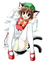Rule 34 | 1girl, animal ears, brown eyes, brown hair, cat ears, cat girl, cat tail, chen, diaper, female focus, full body, hat, kamiya tomoe, multiple tails, pee, peeing, peeing self, shoes, solo, tail, thighhighs, third-party edit, touhou, underwear, white background