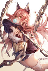 Rule 34 | 1girl, animal ears, breasts, broken, broken chain, blowing bubbles, chain, chewing gum, cleavage, denim, denim shorts, green eyes, hair between eyes, highres, kokollet, large breasts, long hair, long sleeves, looking at viewer, original, pink hair, short shorts, shorts, simple background, solo, thighhighs, torn clothes, torn thighhighs, very long hair, white thighhighs
