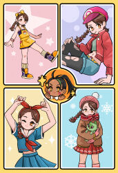Rule 34 | 2girls, absurdres, boots, border, bow, bow hairband, braid, brown hair, commentary, creatures (company), game freak, green shirt, hair bow, hairband, hat, highres, holding, holding pokemon, jacket, juliana (pokemon), kneehighs, koung (looofa), mittens, mouth hold, multiple girls, multiple views, nemona (pokemon), nintendo, open clothes, open jacket, pantyhose, pink headwear, pink mittens, pleated skirt, pokemon, pokemon (creature), pokemon sv, red hairband, red jacket, ribbed socks, sailor collar, shirt, short sleeves, shorts, skirt, socks, sprigatito, standing, standing on one leg, star (symbol), tam o&#039; shanter, torn clothes, torn pantyhose, watch, wristwatch, yellow border