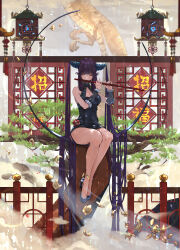 Rule 34 | 1girl, absurdres, bare shoulders, black dress, breasts, china dress, chinese clothes, cleavage, closed eyes, detached sleeves, dress, fate/grand order, fate (series), flute, full body, hair ornament, high heels, highres, instrument, kdm (ke dama), lantern, large breasts, long hair, music, playing instrument, purple hair, side slit, sidelocks, sitting, tree, twintails, very long hair, yang guifei (fate), yang guifei (second ascension) (fate)