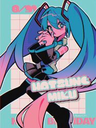 Rule 34 | 1girl, black skirt, blue eyes, blue hair, blue nails, blue necktie, blush stickers, character name, commentary, detached sleeves, eyelashes, gradient hair, grey shirt, hair between eyes, happy birthday, hatsune miku, highres, long hair, menma (enaic31), multicolored hair, necktie, number tattoo, open mouth, shirt, shoulder blush, shoulder tattoo, skirt, solo, tattoo, thighhighs, twintails, twitter username, very long hair, vocaloid, zettai ryouiki