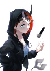 Rule 34 | 1girl, nanashi inc., alternate costume, black hair, black hoodie, black nails, blue eyes, blue shirt, breasts, cleavage, closed mouth, commentary request, demon girl, demon horns, demon tail, ear chain, ear piercing, gin (tttetu123), hand in pocket, highres, hood, hood up, hoodie, horns, large breasts, looking at viewer, microphone, multicolored hair, nail polish, piercing, pointy ears, red hair, ryugasaki rene, shirt, short hair, simple background, smile, solo, sugar lyric, tail, throwing, two-tone hair, virtual youtuber, white background