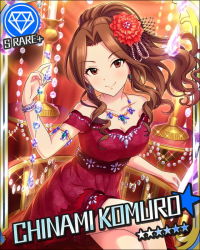 Rule 34 | 10s, 1girl, alternate hairstyle, armband, artist request, bracelet, brown eyes, brown hair, card (medium), character name, gem (symbol), dress, earrings, flower, hair flower, hair ornament, idolmaster, idolmaster cinderella girls, jewelry, komuro chinami, crossed legs, necklace, official art, ponytail, red dress, solo