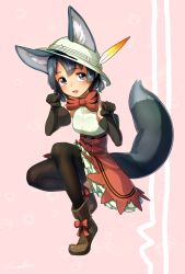 Rule 34 | 10s, 1girl, :d, adapted costume, alternate costume, animal ears, black eyes, black gloves, black hair, black thighhighs, boots, bow, bowtie, commentary request, ears through headwear, elbow gloves, fang, full body, gloves, hat, hat feather, high-waist skirt, highres, kaban (kemono friends), kemono friends, kemonomimi mode, looking at viewer, open mouth, paw pose, pink background, shirt, short hair, signature, simple background, skirt, sleeveless, sleeveless shirt, smile, solo, tail, thighhighs, welt (kinsei koutenkyoku), white hat