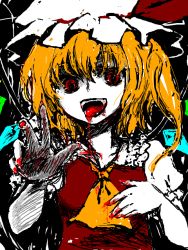 Rule 34 | 1girl, bad id, bad pixiv id, blood, blouse, claws, fangs, female focus, fingernails, flandre scarlet, hair between eyes, hat, itsuki kuro, mob cap, red eyes, shirt, solo, touhou, white hat, white shirt, wings