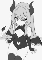 Rule 34 | 1girl, aisaka taiga, armpit crease, black horns, black tail, black thighhighs, black wings, bridal gauntlets, cleavage cutout, clothing cutout, collarbone, commentary, fingerless gloves, flat chest, frown, gloves, hair between eyes, halterneck, heart, heart cutout, heart tail, highres, horns, invisible chair, leotard, light blush, long hair, looking at viewer, low wings, mikoscrub, monochrome, navel cutout, shadow, sidelocks, simple background, sitting, solo, symbol-only commentary, tail, thigh gap, thighhighs, toradora!, very long hair, white background, wide hips, wings