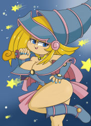 Rule 34 | 1girl, absurdres, bare shoulders, blonde hair, blue background, blue eyes, blush, boots, breasts, cleavage, dark magician girl, hat, highres, large breasts, long hair, lotikmac, nail polish, open mouth, smile, solo, standing, standing on one leg, star (symbol), starry background, thick thighs, thighs, witch hat, yu-gi-oh!