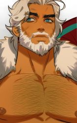 Rule 34 | 1boy, bara, beard, blue eyes, chest hair, close-up, cookie run, eggnog cookie, facial hair, kalium (jojajoja99999), large pectorals, looking to the side, male focus, manly, mature male, muscular, muscular male, nipples, old, old man, pectorals, smile, solo, white hair