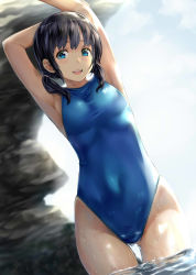 Rule 34 | 1girl, armpits, arms up, backlighting, black hair, blue one-piece swimsuit, blush, breasts, covered navel, cowboy shot, day, dutch angle, half-closed eyes, highres, hip focus, light smile, looking at viewer, medium breasts, nagayori, navel, one-piece swimsuit, open mouth, original, outdoors, short twintails, sidelocks, skin tight, smile, solo, stretching, swimsuit, tareme, teeth, thighs, twintails, wading, wet