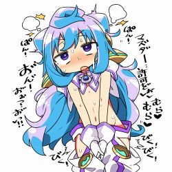 Rule 34 | 1boy, blue hair, blush, covering privates, covering crotch, gloves, hacka doll, hacka doll 3, kanikama, long hair, lowres, male focus, navel, partially translated, purple eyes, simple background, solo, sweat, translation request, trap, white background, white gloves