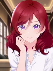Rule 34 | 1girl, blurry, blurry background, breasts, cleavage, close-up, closed mouth, commentary request, earrings, highres, indoors, jewelry, looking at viewer, love live!, love live! school idol project, medium breasts, medium hair, nishikino maki, purple eyes, red hair, shirt, smile, solo, strawberryhat, wavy hair, white shirt