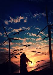 Rule 34 | 1girl, absurdres, bird, building, city, cloud, flock, highres, long hair, original, reflection, scenery, silhouette, skyrick9413, solo, standing, sun, sunset, water, water surface, wind turbine, windmill