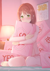 Rule 34 | 1girl, artist name, artist request, barefoot, bedroom, blush, breasts, calendar, calendar (object), embarrassed, feet, female focus, full body, green eyes, hair down, highres, holding, holding pillow, indoors, looking at viewer, love live!, love live! nijigasaki high school idol club, nail, nail polish, nervous smile, nose blush, on bed, orange hair, pajamas, pants, parted lips, pillow, pink nails, pink nails, pink pajamas, pink petals, red hair, short hair, smile, uehara ayumu, yes-no pillow