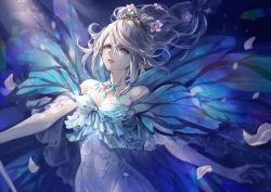 Rule 34 | 1girl, bare arms, bare shoulders, blue eyes, blue wings, braid, breasts, butterfly wings, cleavage, dress, final fantasy, final fantasy xiv, floating hair, flower, hair between eyes, hair flower, hair ornament, insect wings, long hair, looking up, pale skin, parted lips, petals, pointy ears, senano-yu, single braid, small breasts, solo, staff, strapless, strapless dress, tiara, titania (final fantasy), white dress, white flower, white hair, wings