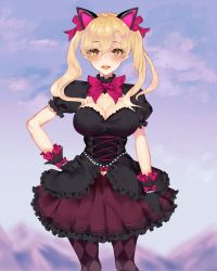 Rule 34 | 1girl, animal ears, argyle, argyle clothes, argyle legwear, black cat d.va, black dress, black gloves, blonde hair, blush, bow, breasts, cat ears, cleavage, corset, cowboy shot, d.va (overwatch), dress, error dot, frilled dress, frills, gloves, hair between eyes, hair bow, hand on own hip, heart, highres, large breasts, lolita fashion, long hair, looking at viewer, official alternate costume, open mouth, overwatch, overwatch 1, pantyhose, parted bangs, pink bow, puffy short sleeves, puffy sleeves, short sleeves, solo, twintails, yellow eyes