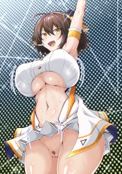 Rule 34 | 1girl, :d, ahoge, arm strap, arm up, armpits, azur lane, baltimore (azur lane), baltimore (muse) (azur lane), bare shoulders, bouncing breasts, bow, braid, breasts, brown hair, cameltoe, center frills, center opening, cleft of venus, clothes lift, clothing cutout, commentary request, covered erect nipples, cowboy shot, crop top, female pubic hair, french braid, frills, from below, groin, hair between eyes, hairband, hat, headset, highres, idol, kumanosita, large breasts, looking at viewer, mini hat, motion lines, navel, navel cutout, no panties, official alternate costume, open mouth, orange bow, panties, pubic hair, pussy, shirt, short hair, sidelocks, skirt, skirt lift, sleeveless, sleeveless shirt, smile, solo, stage, stage lights, standing, sweat, underboob, underboob cutout, underwear, white hairband, white shirt, white skirt, yellow eyes