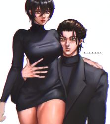 Rule 34 | 1boy, 1girl, arm around shoulder, artist name, black dress, black eyes, black hair, breasts, brown hair, chromatic aberration, closed mouth, commentary, dress, english commentary, eren yeager, formal, green eyes, hetero, highres, large breasts, looking at viewer, mikasa ackerman, ponytail, riaxart, shingeki no kyojin, short hair, suit, thighs, turtleneck, white background
