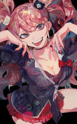 Rule 34 | 1girl, :d, absurdres, bear hair ornament, black necktie, blonde hair, blue eyes, bow, breasts, cleavage, collarbone, colorful, danganronpa: trigger happy havoc, danganronpa (series), enoshima junko, fangs, grey necktie, hair ornament, hands up, highres, large breasts, long hair, looking at viewer, miniskirt, nail polish, necktie, open mouth, red bow, red nails, red skirt, skirt, smile, solo, teeth, tongue, tongue out, twintails, very long hair, yadu nadu