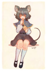 Rule 34 | 1girl, animal ears, belt, blush, capelet, cheese, closed eyes, female focus, food, food on face, full body, grey hair, jewelry, kneehighs, licking, licking finger, mary janes, mouse ears, mouse tail, nazrin, pendant, shoes, short hair, signature, simple background, sitting, skirt, socks, solo, tail, terrajin, tongue, touhou, white background, white socks